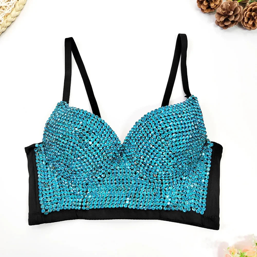 Sparkly Diamond Rhinestone Corset Top Showgirl Stage Performance Push-Up Bustier
