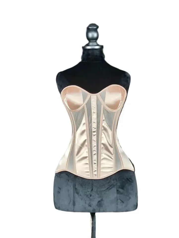Strapless Breathable Mesh Corset Bustier Built-In Bra Boned Waist Cincher Top
