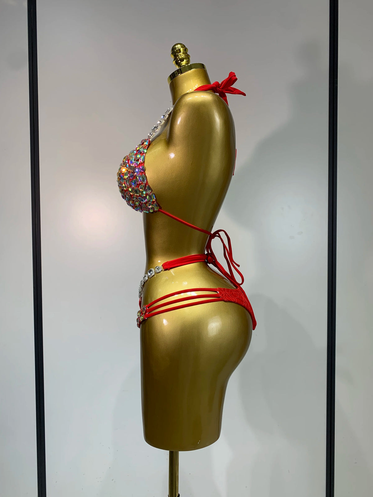 Women Crystal Rhinestone Halter Bikini Stage Performance Costume Set