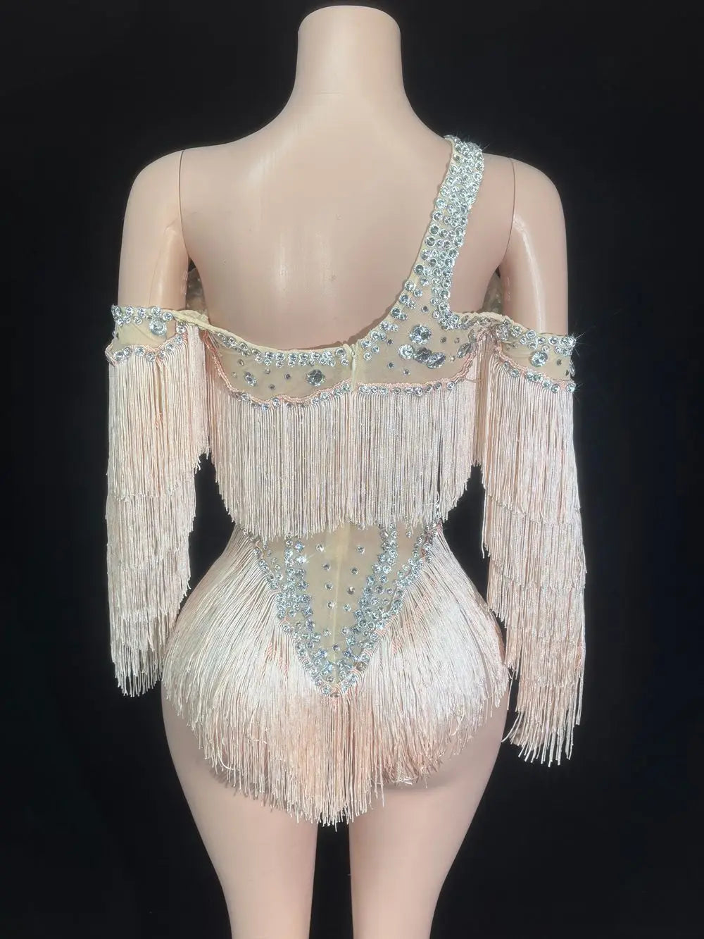 Sparkly Silver Crystal Rhinestone & Shoulder Fringe Bodysuit Stage Performance Costume