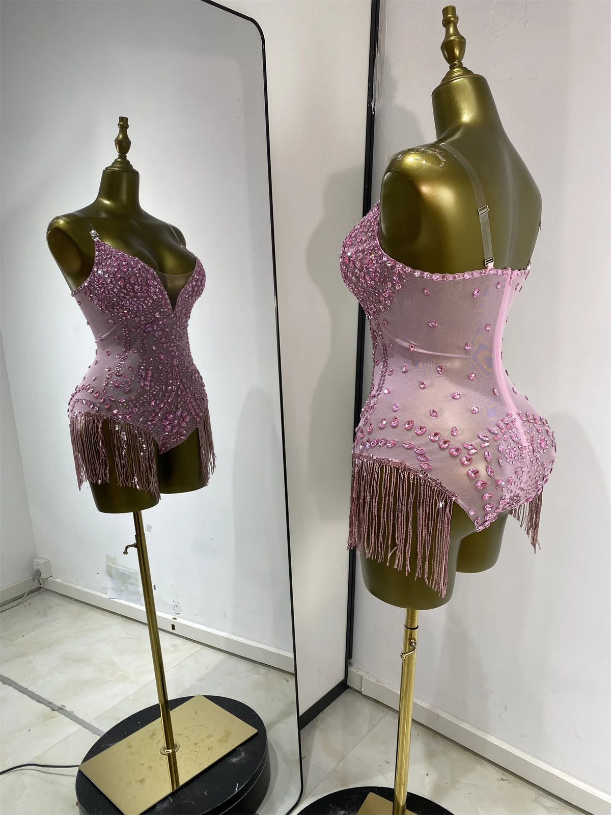 Vintage-Inspired Shiny Rhinestones Tassel Mesh Bodysuit Costume Set