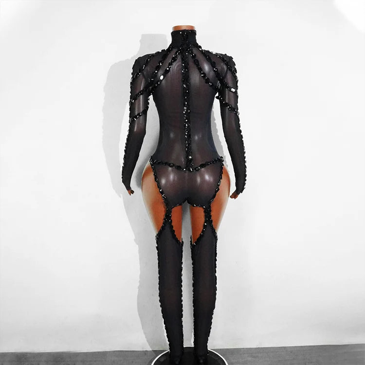 Rhinestone Mesh Jumpsuit Costume Set