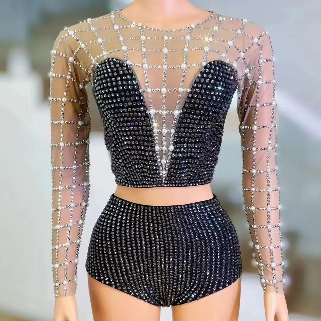 Rhinestone Sheer Mesh Costume Skirt