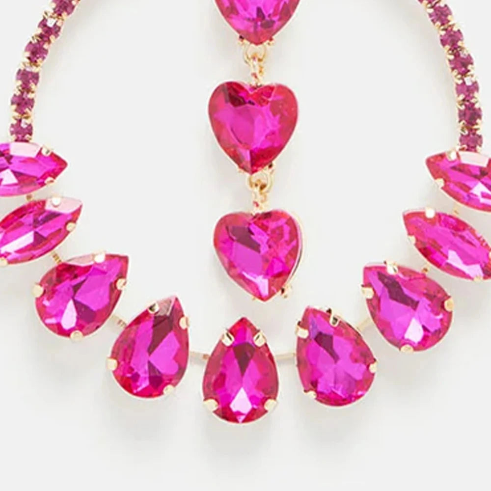 Oversized Pink Crystal Hoop Earrings Heart Pendant Drag Queen Stage Drop Jewelry