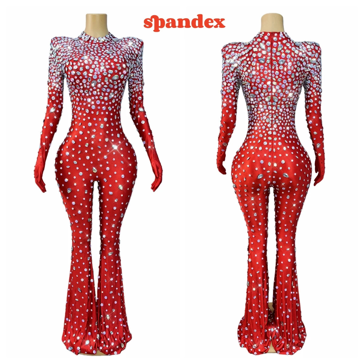 High Grade Sparkly Rhinestones Bell-Bottoms Jumpsuit Cocktail Party Fashion Show Singer Dancer Performance Costume