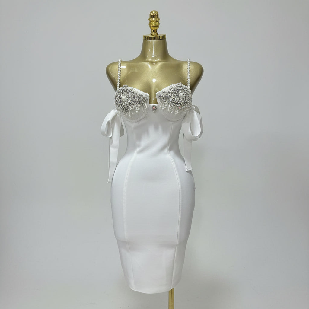 Luxury Pearl Strap Rhinestone Bustier Bandage Mini Dress & Cocktail Party Bodycon