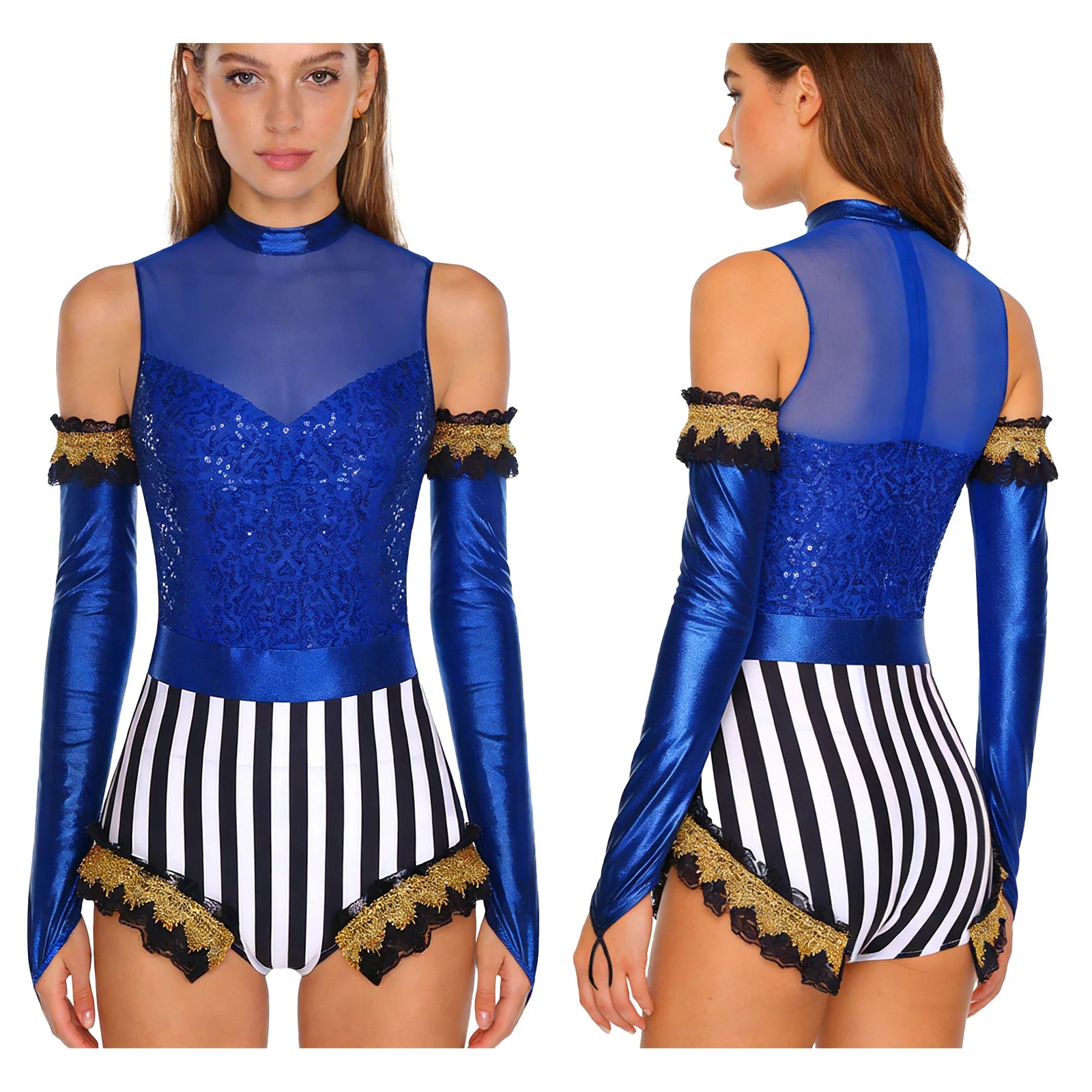 Circus Ringmaster Sequin Striped Bodysuit & Metallic Gloves 2-Piece Stage Costume Set