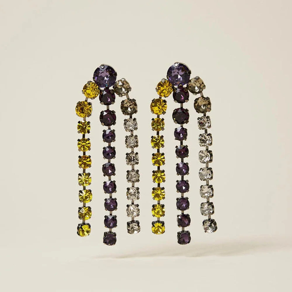 Colorful Crystal Rhinestone Long Tassel Statement Earrings Stage Performance Jewelry