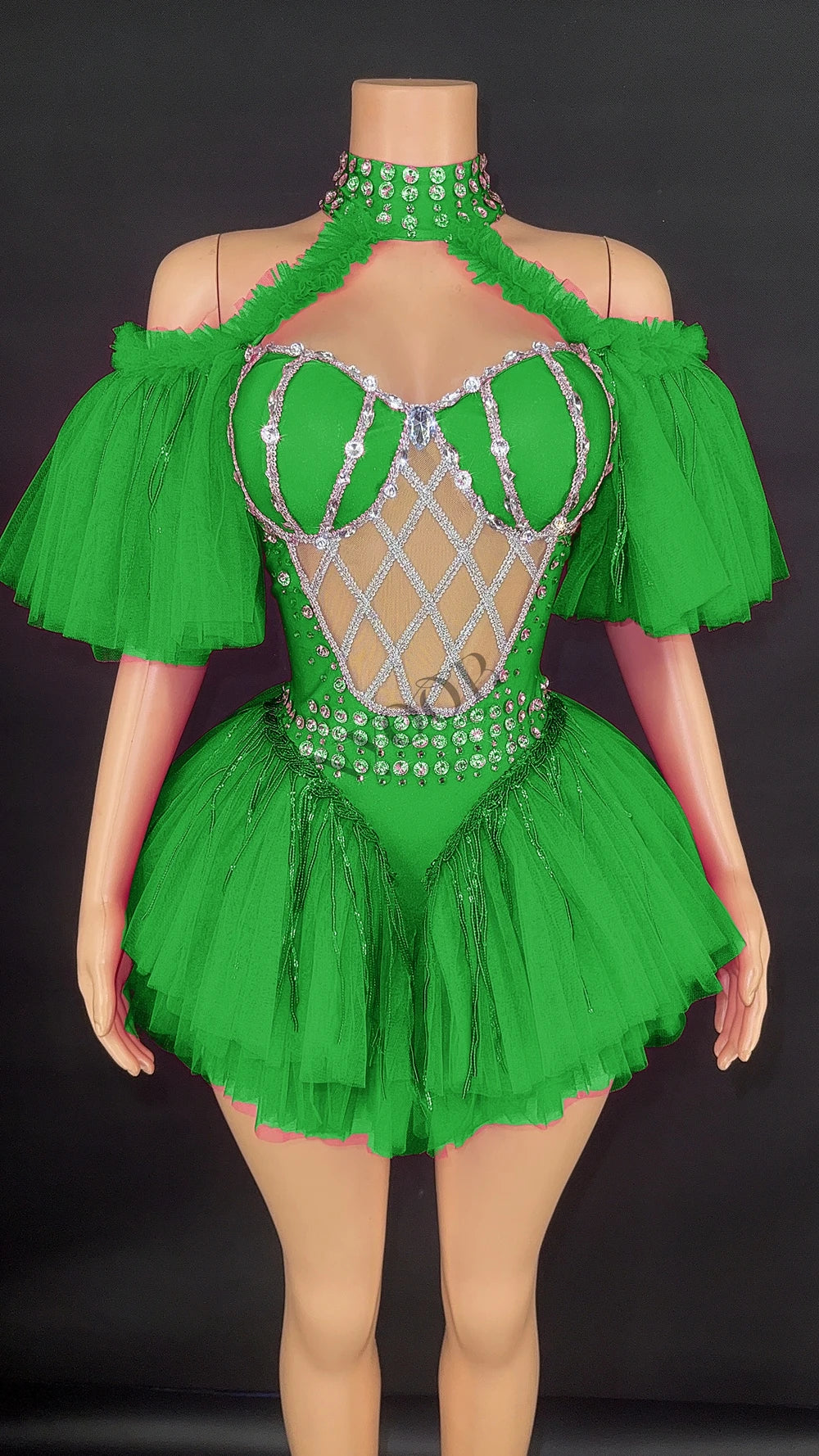 Sparkly Sequin Tassel Puff Sleeve Mesh Bodysuit Showgirl Stage Dance Leotard