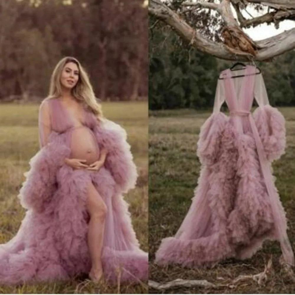 Voluminous Illusion Tulle Ruffle Long Robe Dressing Gown