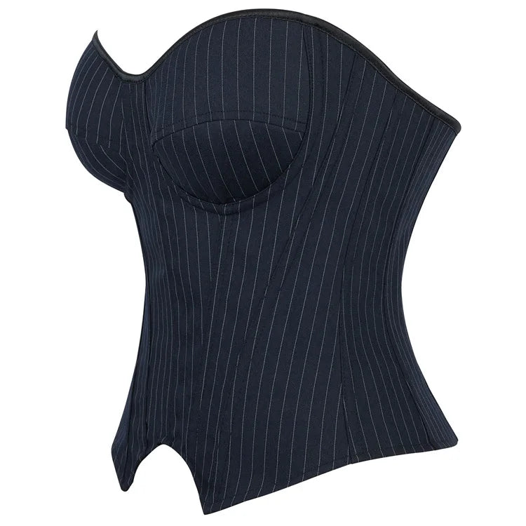 Black Striped Overbust Corset Top Zipper Front Lace-Up Bustier Body Shaper