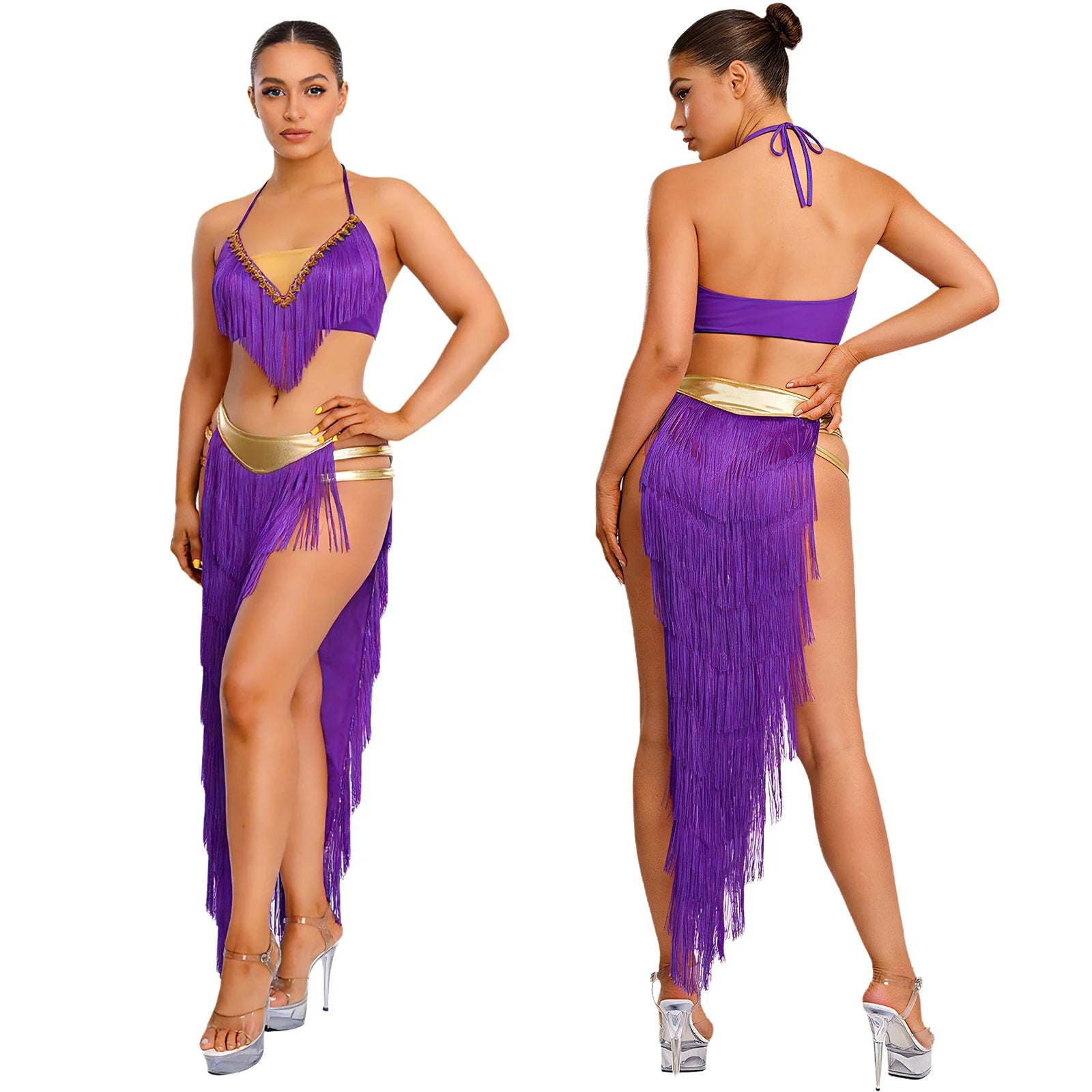 Gold Trim Halter Lace-Up Crop Top & Tiered Tassel Skirt Belly Dance Outfit