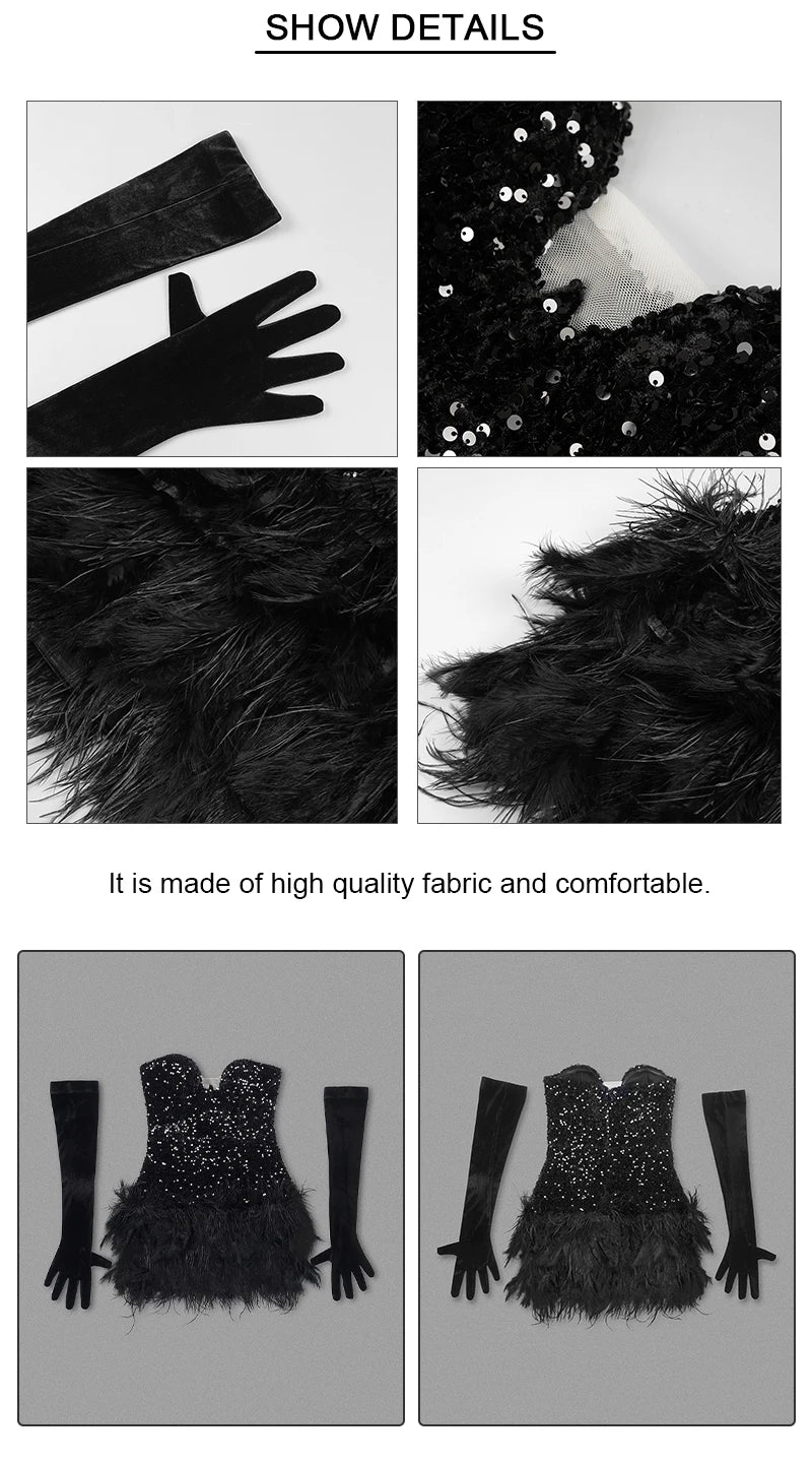 Black Sequin & Feather Strapless Mini Dress