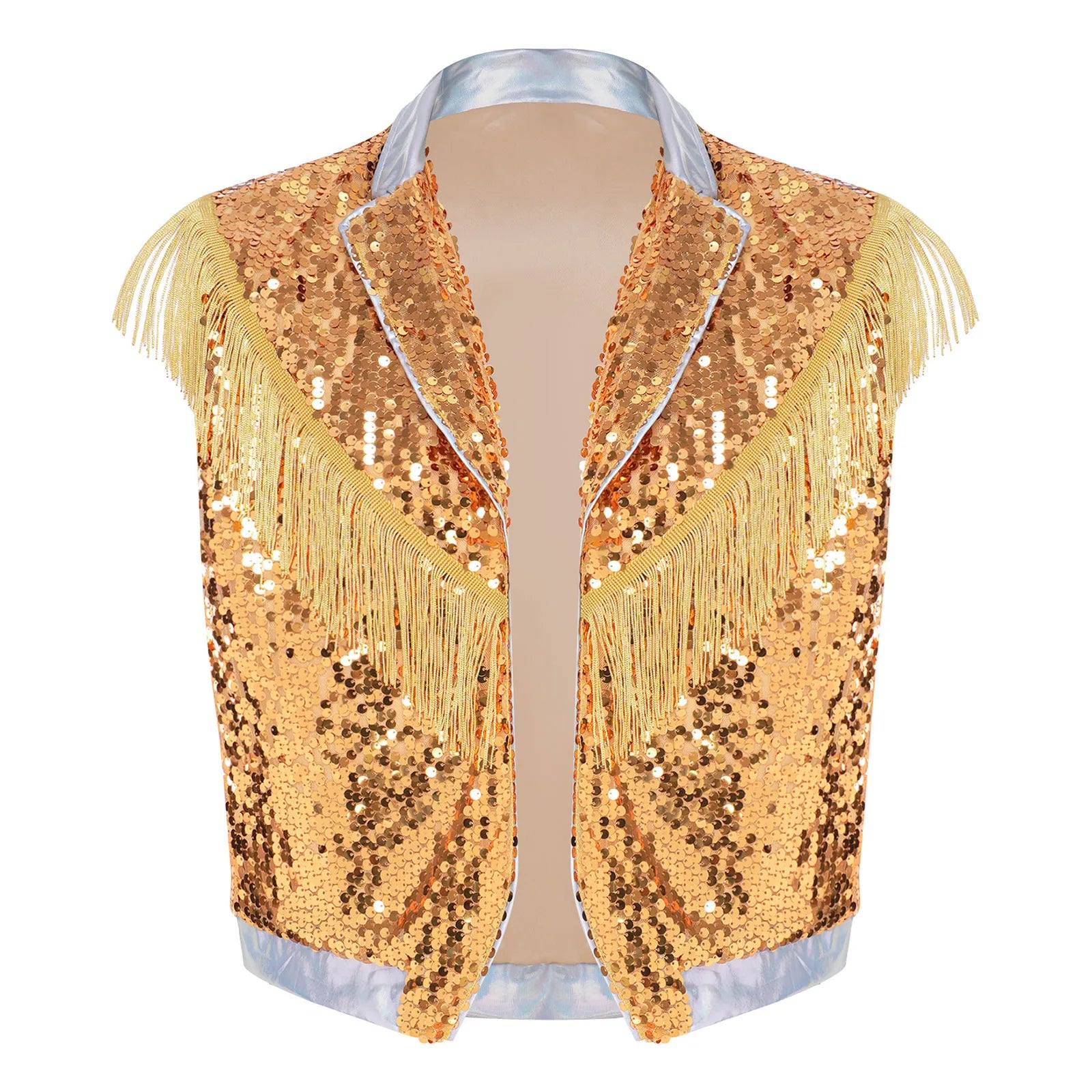 Men's Metallic Sequin Tassel Open-Front Vest Lapel Collar Sleeveless Stage Dance Waistcoat
