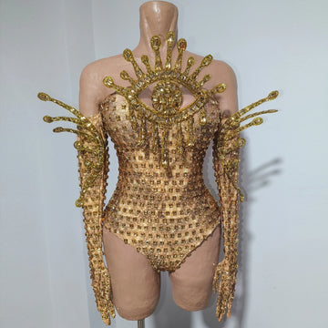 Vintage-Inspired Sparkly Rhinestones Gold Bodysuit Gloves Set