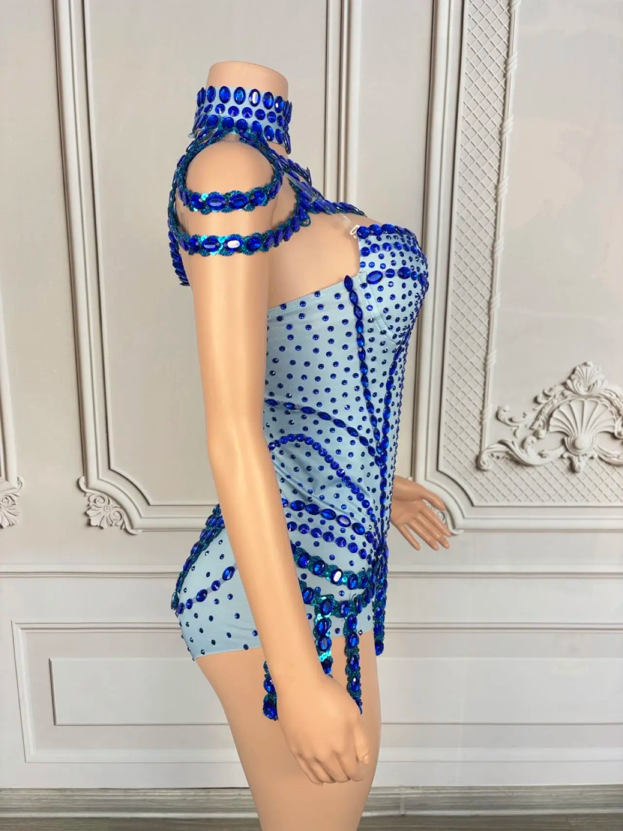 Sparkly Rhinestone Tassel Spandex Bodysuit Halter Dance Stage Costume Leotard