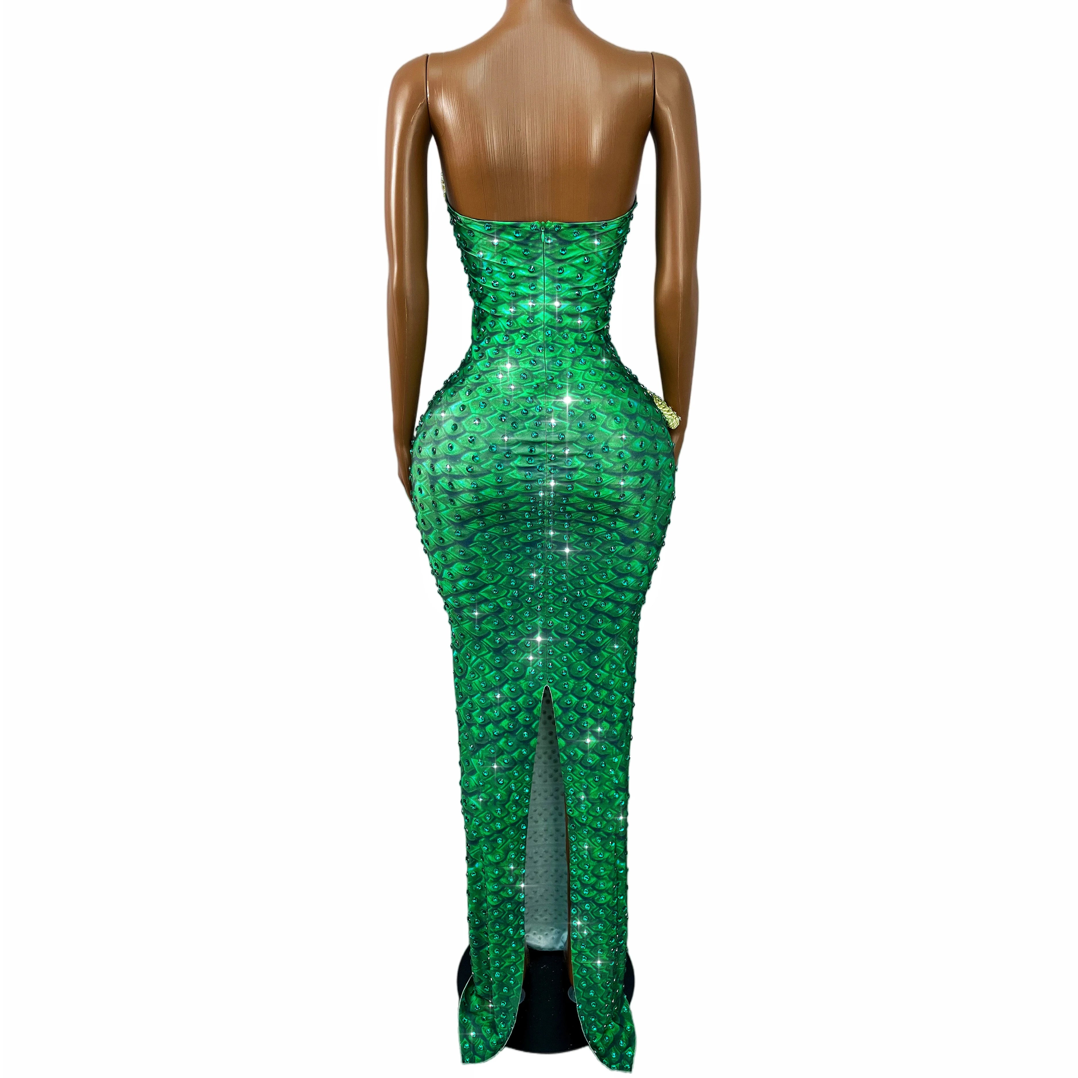 Emerald Snake Rhinestone Illusion Strapless Gown Sculpted Serpent Floor-Length Evening Dress