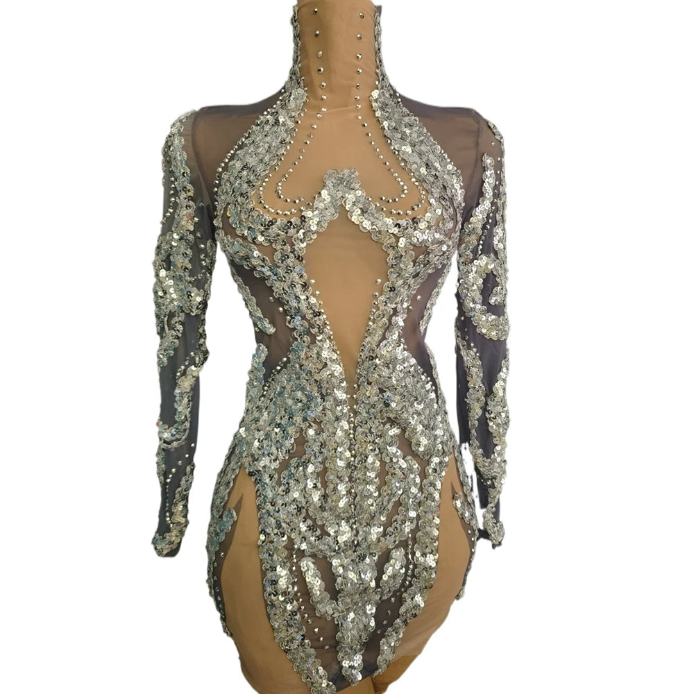 Sparkly Silver Rhinestone & Sequin Sheer Mesh Mini Dress Stage Costume