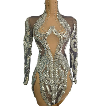 Sparkly Silver Rhinestone & Sequin Sheer Mesh Mini Dress Stage Costume