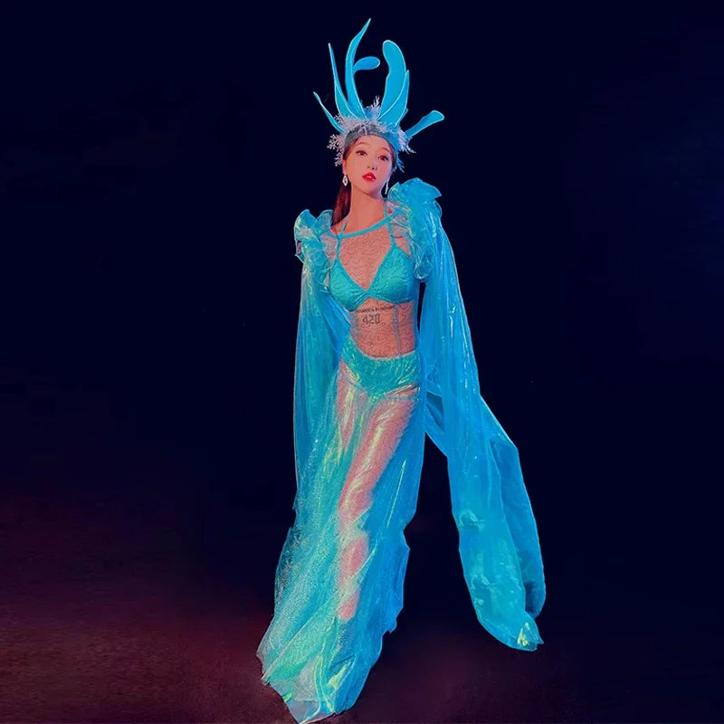 Siren of the Sea Sheer Ombré Gown & Sculpted Headdress Ocean Stage Costume Set