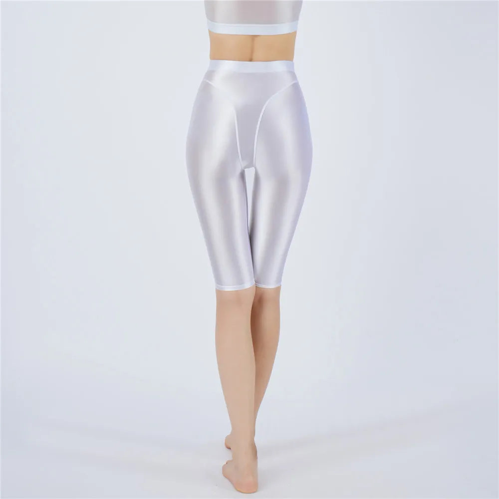 Oil Glossy High-Stretch Knee-Length Shorts Satin Shine Performance Biker Shorts