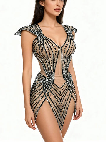 Crystal Embellished Flying Sleeve Bodycon Mini Dress & Gogo Dancer Costume
