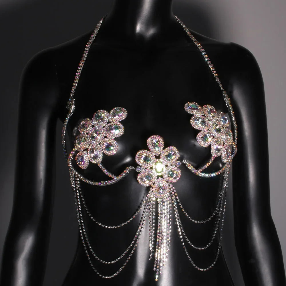Colorful Rhinestone Flower Bra Chain Top