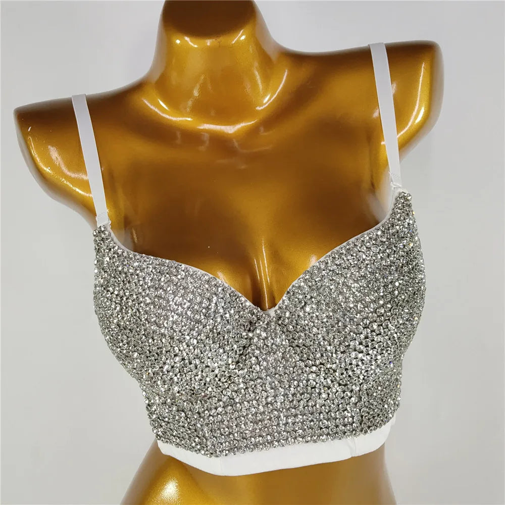 Sparkly Rhinestone Corset Tank Top Showgirl Stage Performance Bra Bustier