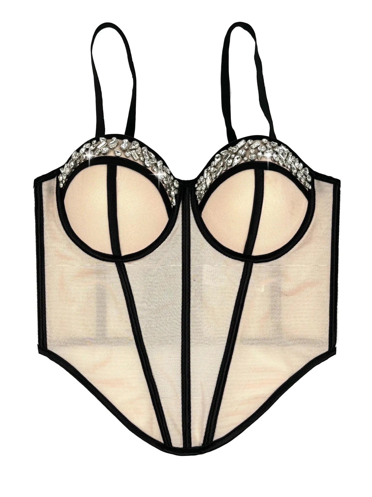 Diamond Embroidered Bustier Corset Crop Top Asymmetric Stage Bralette