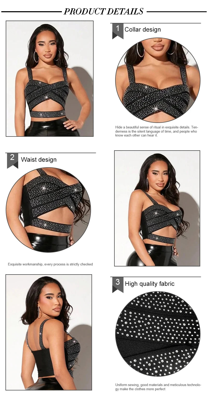 Black Crystal Strap Cutout Crop Top