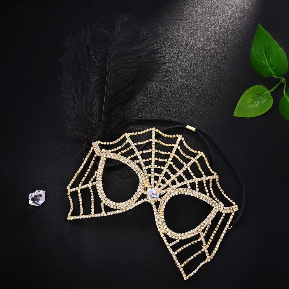 Black Feather Rhinestone Face Veil