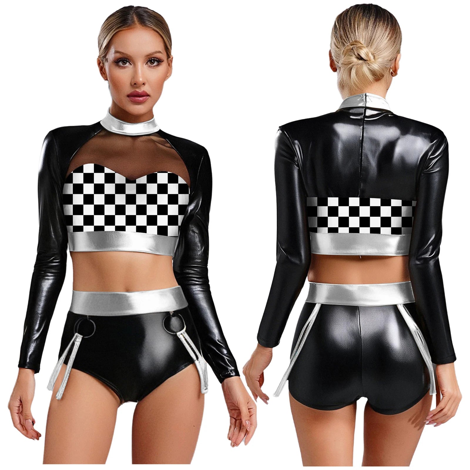 Fishnet Mesh & Metallic 2-Piece Bodysuit & Shorts Rave Costume Set