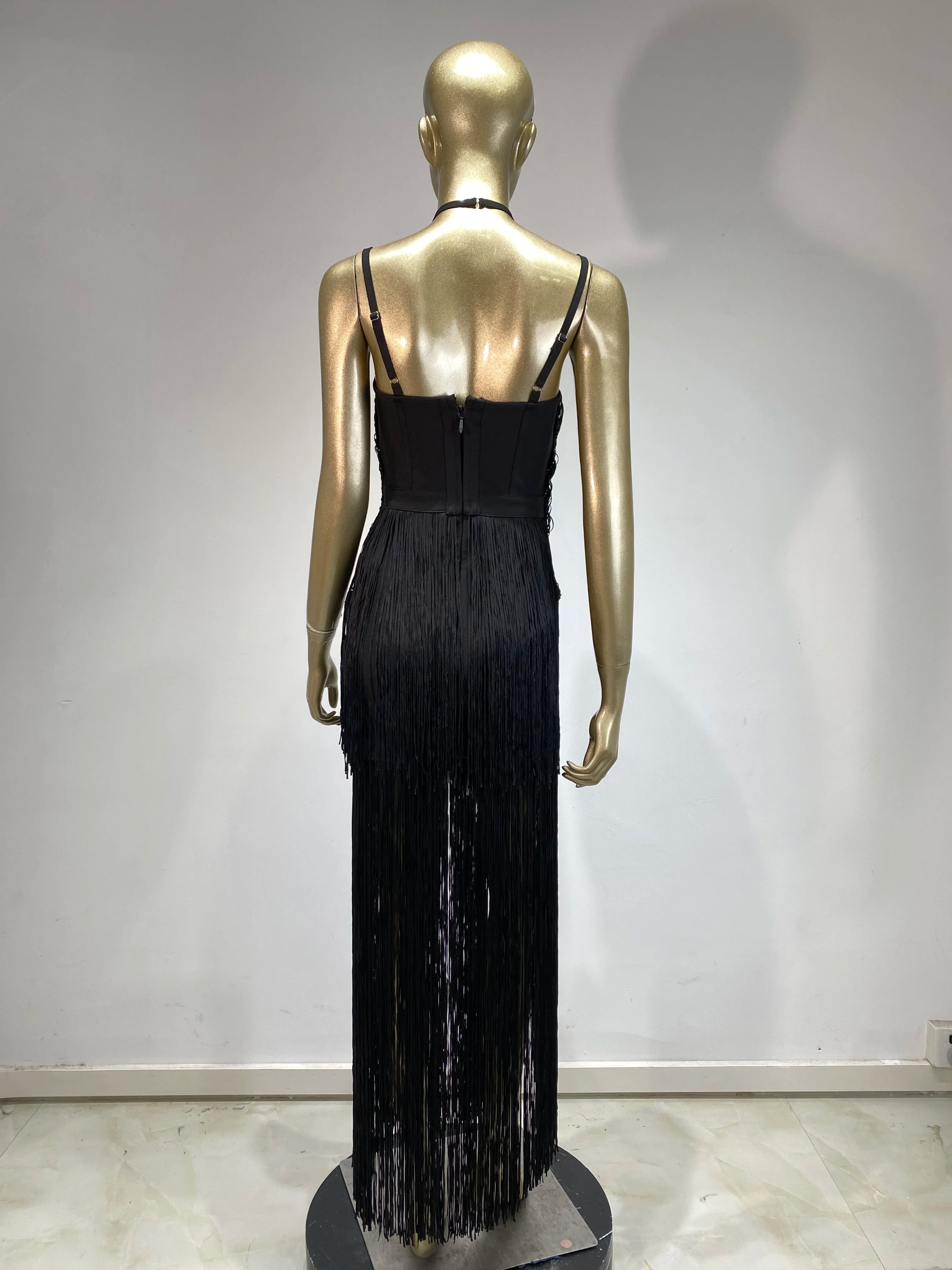 Double-Layer Fringe Bandage Ankle-Length Evening Gown & Gala Dress