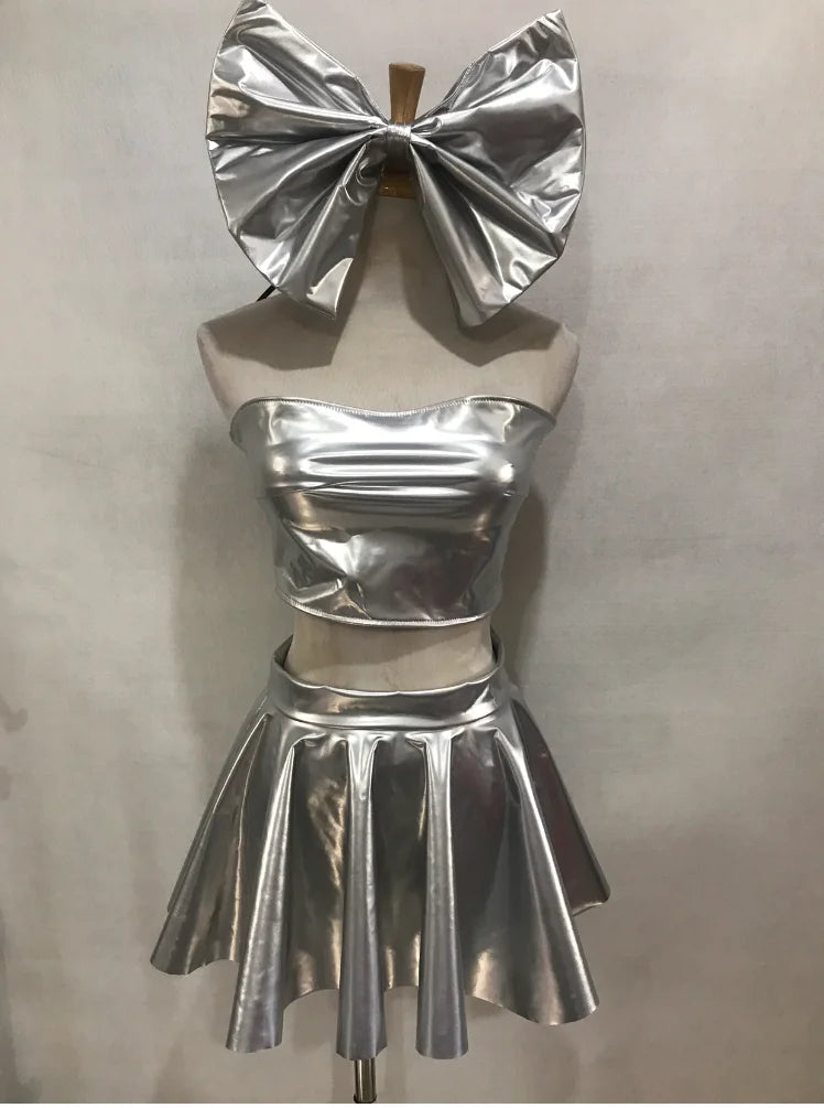 Patent Leather Bow Bralette, Pleated Mini Skirt & Headband 3-Piece Stage Dance Costume Set
