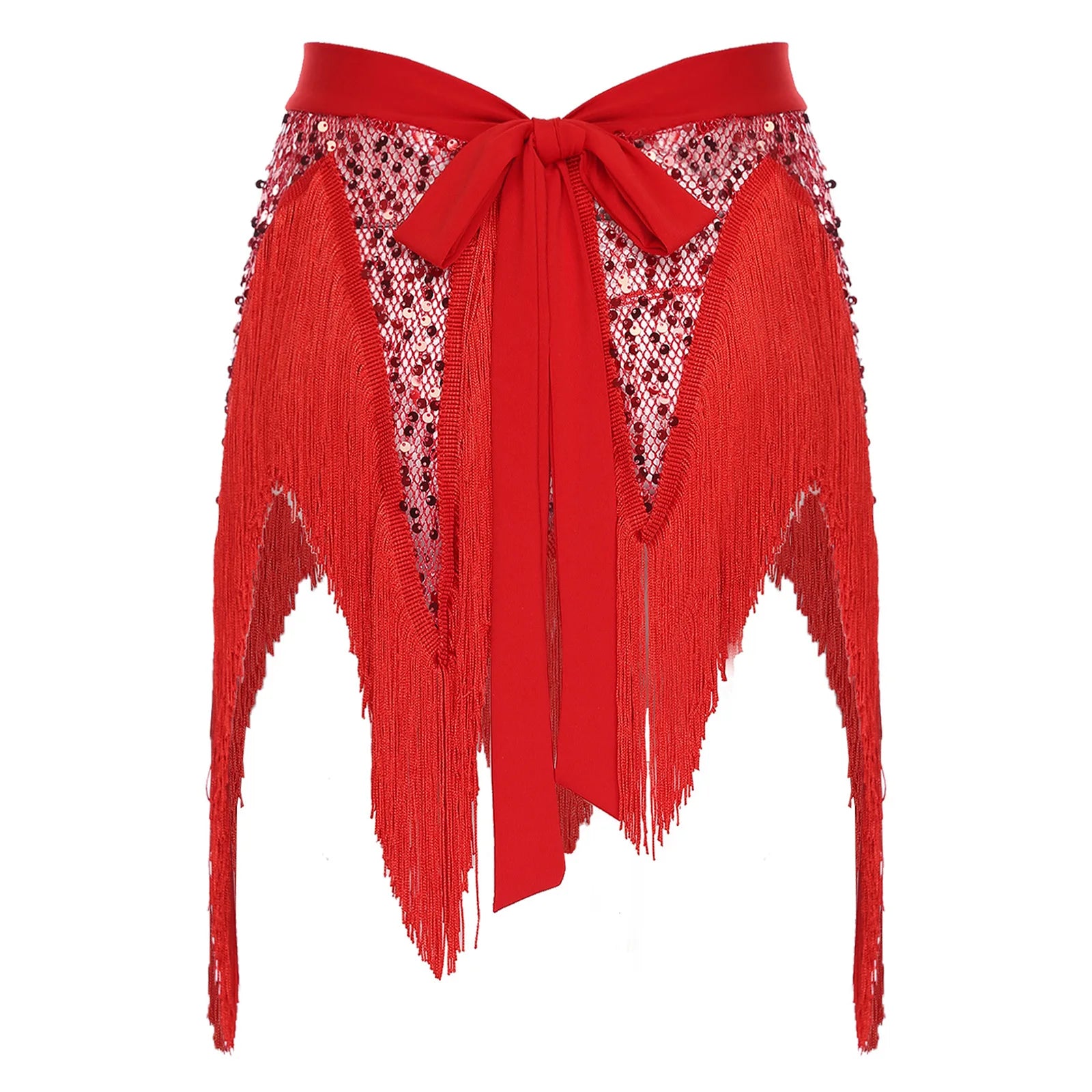 Glitter Sequin Fishnet Mesh Hip Scarf & Tassel Waist Wrap Belly Dance Skirt