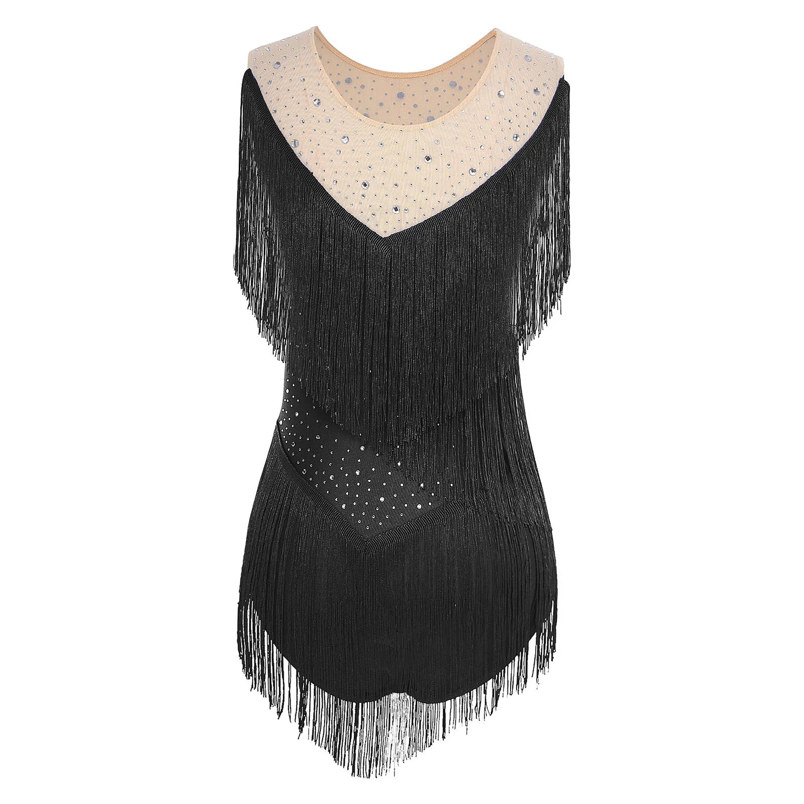 Sparkly Rhinestone & Tassel Fringe Latin Dance Leotard Crew Neck Bodysuit