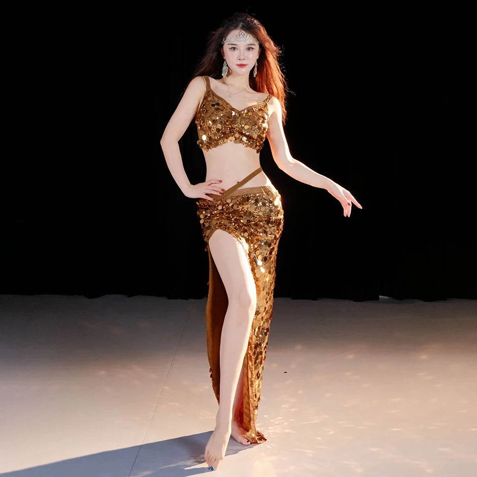 Sequin Oriental Belly Dance Top & Flowing Skirt 2-Piece Performance Set