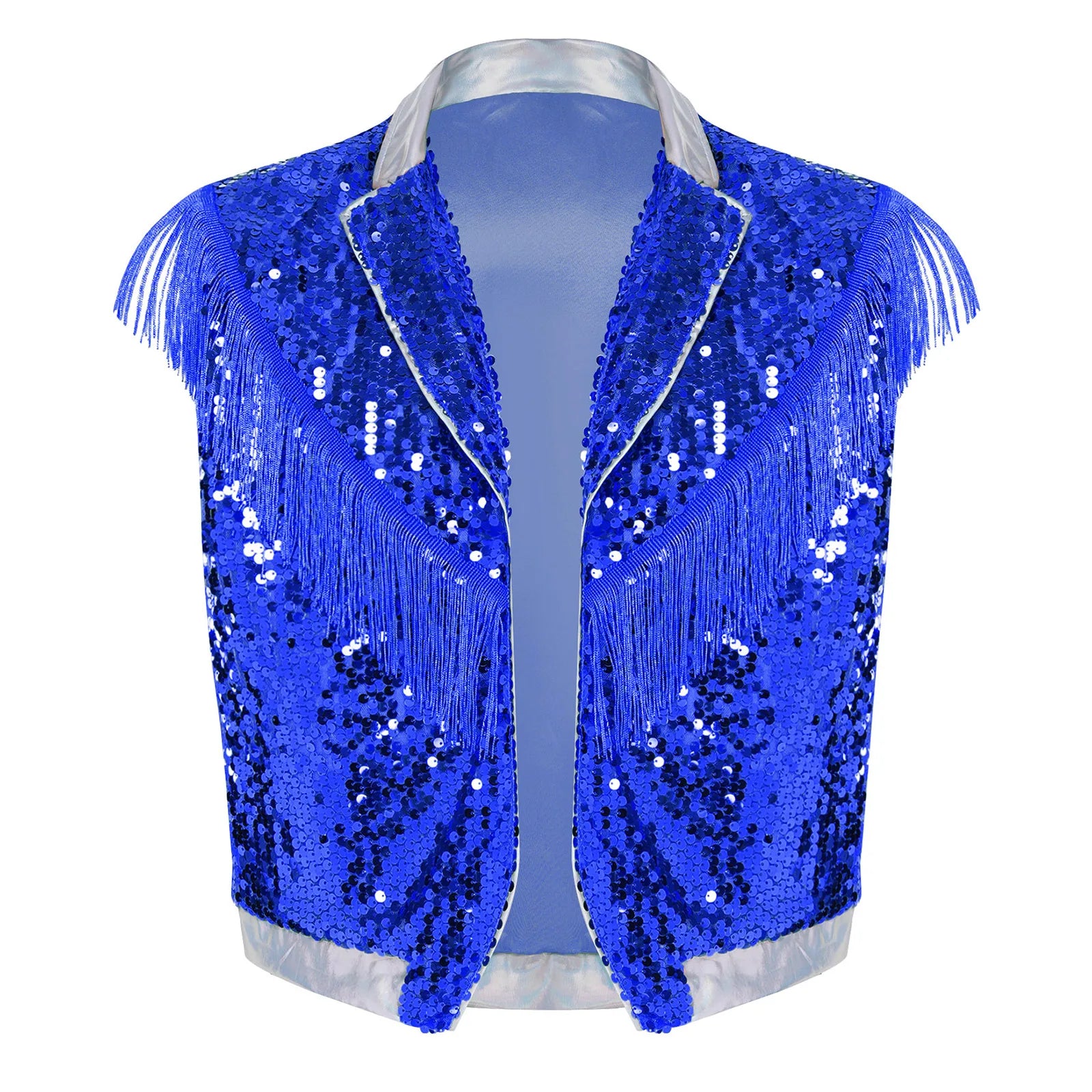 Men's Metallic Sequin Tassel Open-Front Vest Lapel Collar Sleeveless Stage Dance Waistcoat