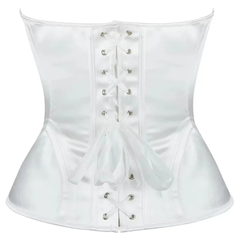 Overbust Corset Bustier Top Built-In Bra Cup Lace-Up Waist Cincher
