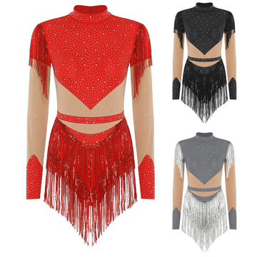 Rhinestone Sequin Tassel Long Sleeve Dance Jumpsuit Bodysuit