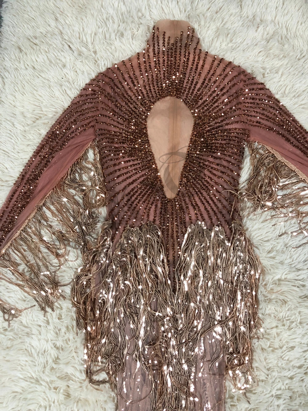 Gold Crystal Fringe Illusion Mini Dress Sparkly Rhinestone Stage Dance Costume