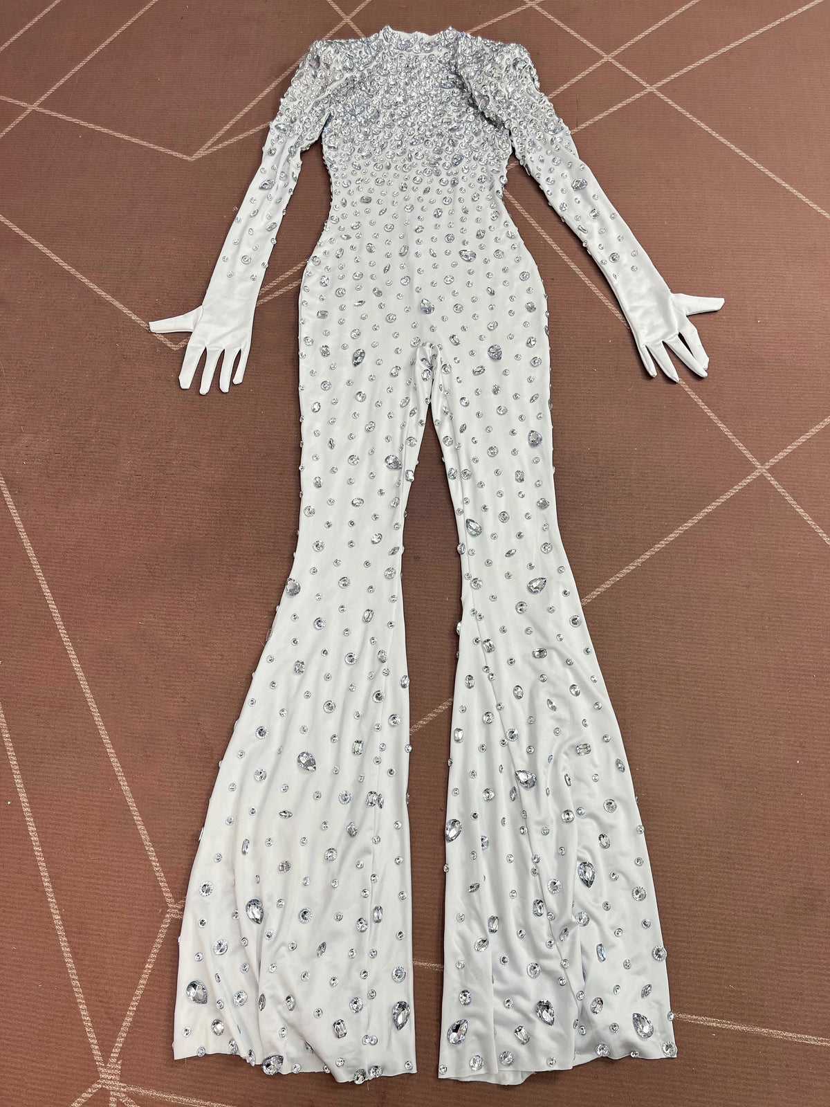 High Grade Sparkly Rhinestones Bell-Bottoms Jumpsuit Cocktail Party Fashion Show Singer Dancer Performance Costume