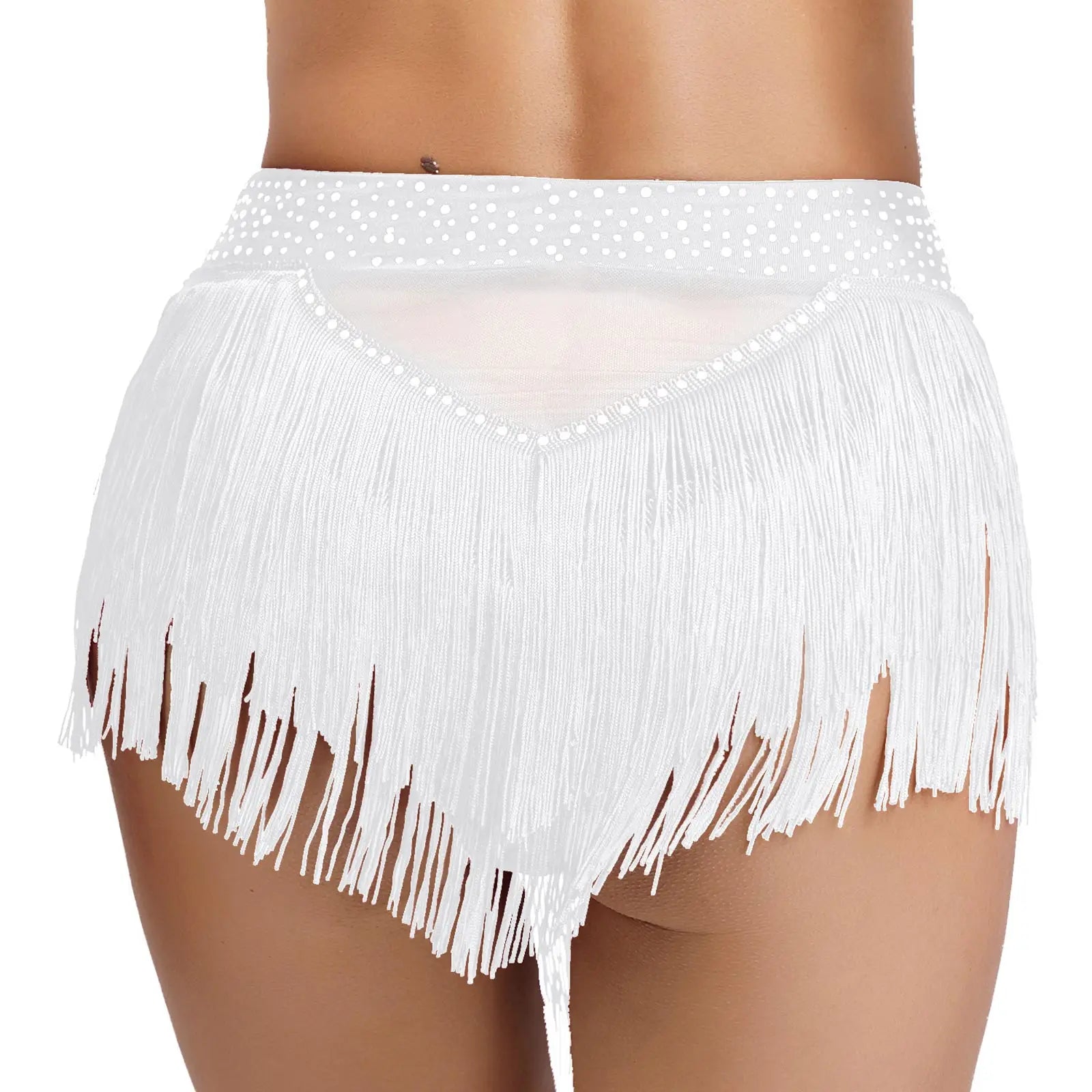 Rhinestone Tassel High-Waist Dance Shorts & Sheer Mesh Fringe Skirt