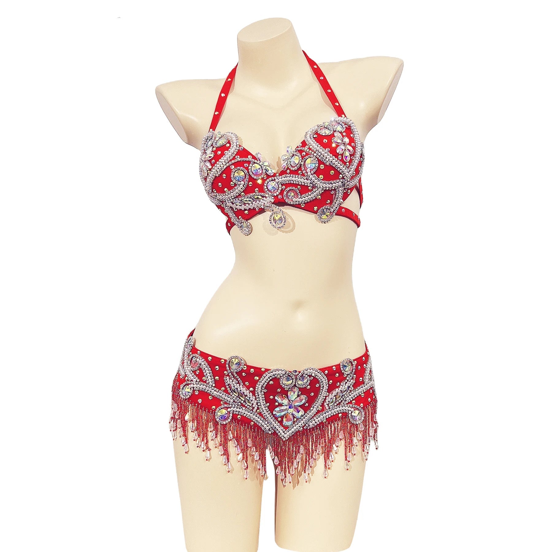 Sparkly Beaded Belly Dance Bra & Fringe Hip Belt Two-Piece Stage Costume Set