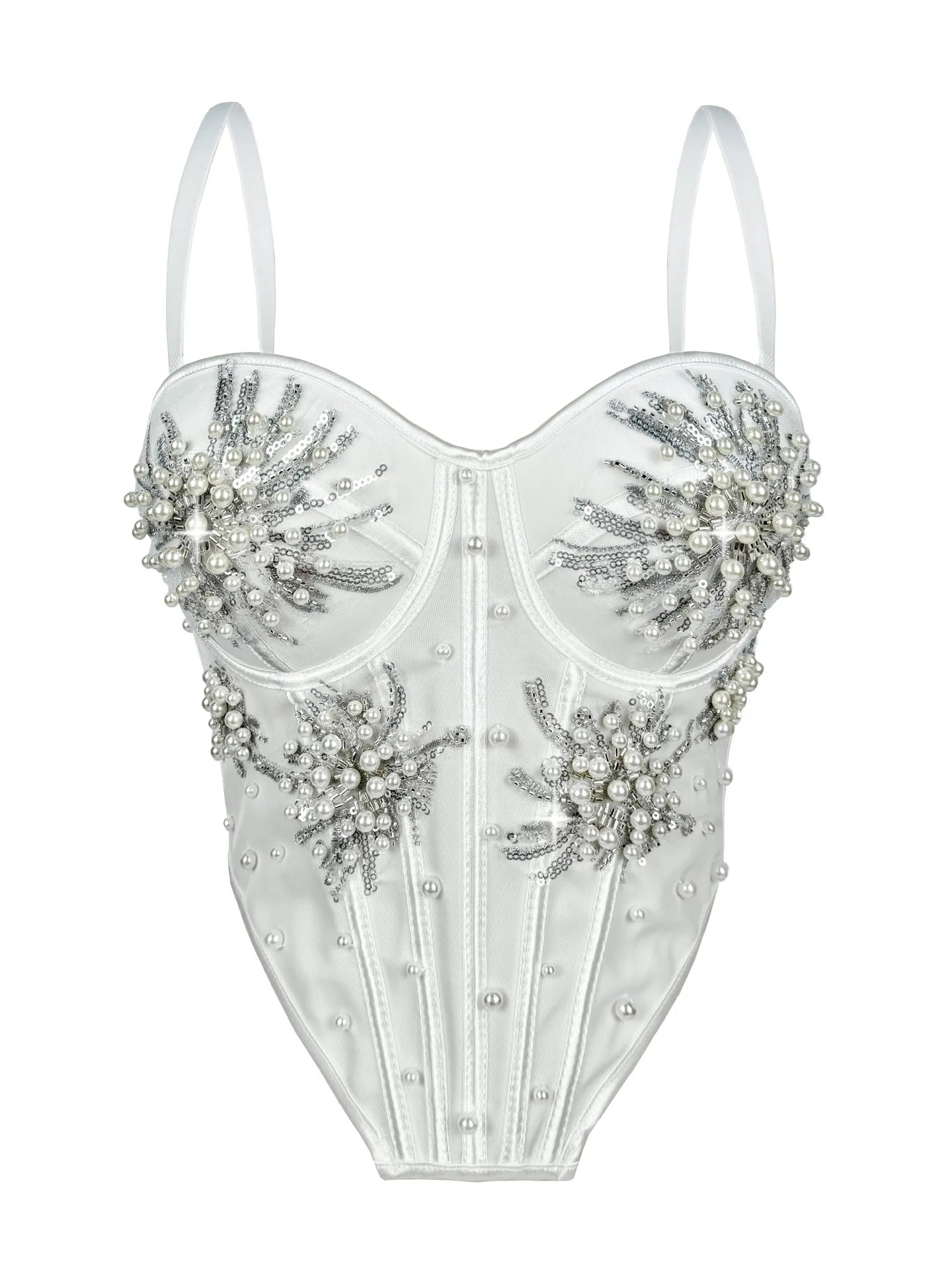 Pearl & Sequin Embroidered Floral Bustier Corset Top Asymmetric Camisole Bralette