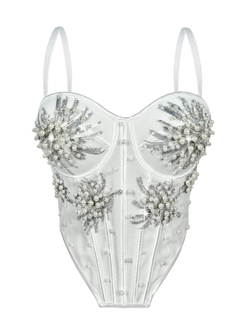 Pearl & Sequin Embroidered Floral Bustier Corset Top Asymmetric Camisole Bralette