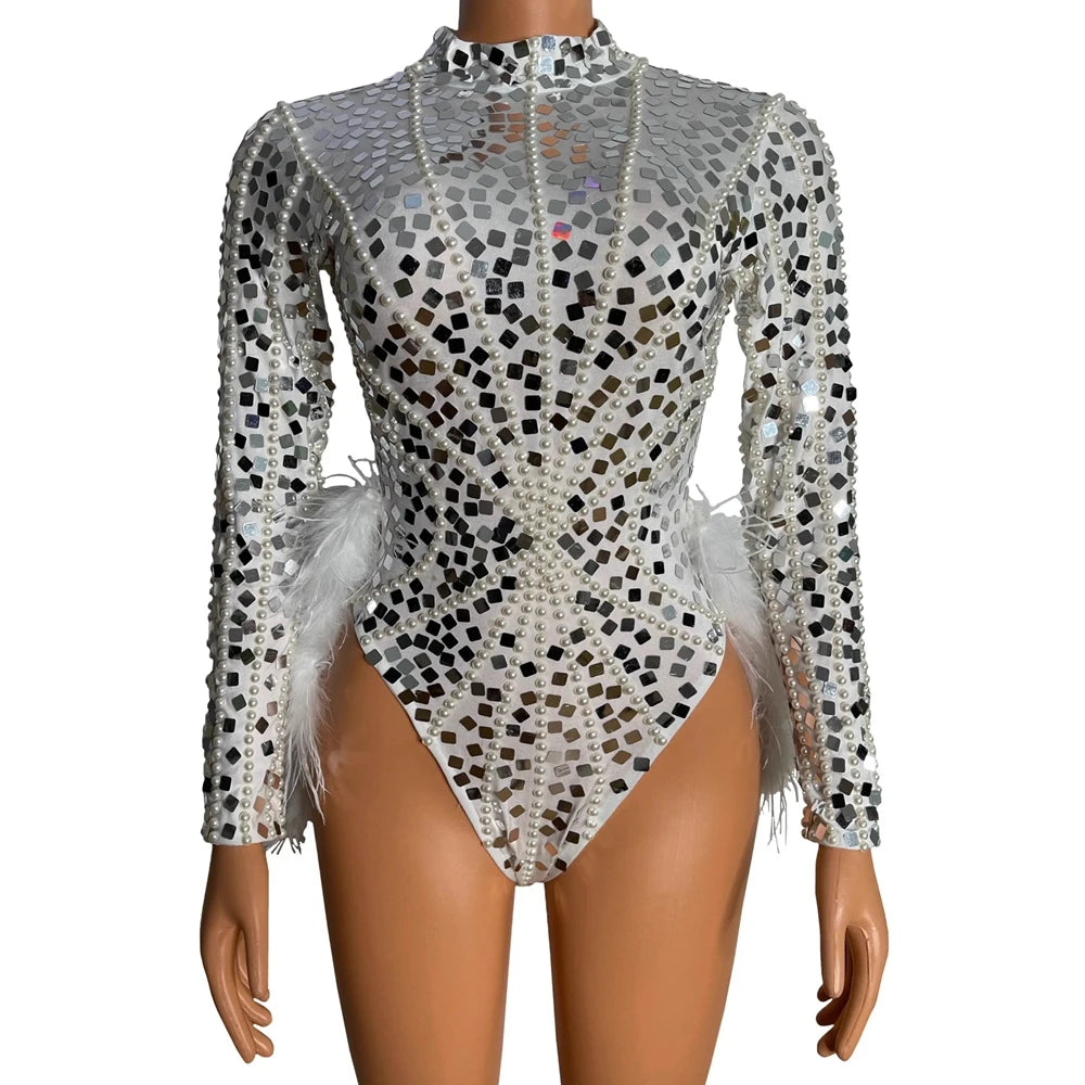 Sparkly Silver Sequin Pearl & White Feather Bodysuit 2-Piece Set Stage Performance Costume