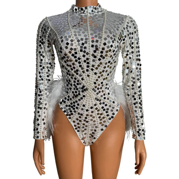 Sparkly Silver Sequin Pearl & White Feather Bodysuit 2-Piece Set Stage Performance Costume
