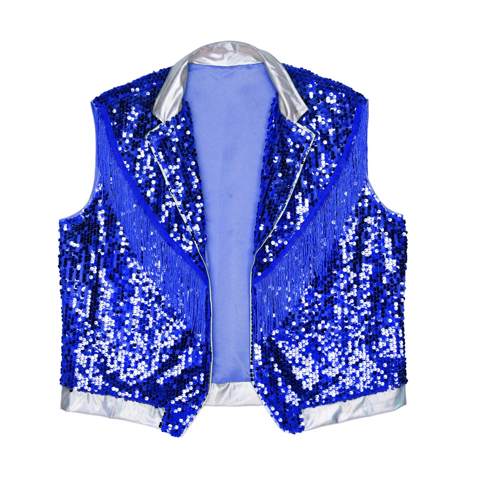 Men's Metallic Sequin Tassel Open-Front Vest Lapel Collar Sleeveless Stage Dance Waistcoat