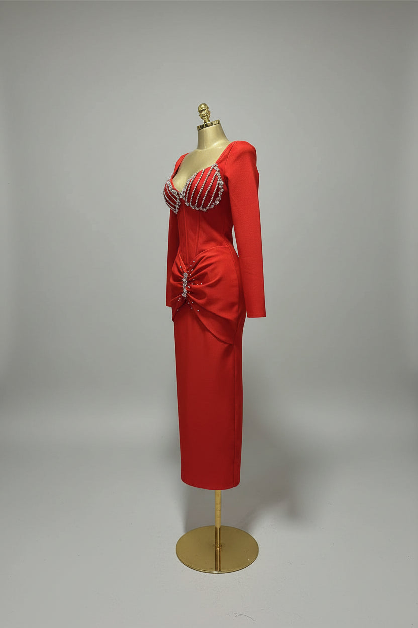 Elegant Square Neck Crystal Embroidered Bandage Ankle-Length Evening Gown